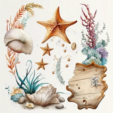 Boho nautical style, wedding wood sign, seastar, seashell, fantasy, white background, watercolor, hyperrealism, high detail, separate elements, set, clipart