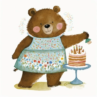clipart, beautiful smiling,Bear,wear beautiful apron, with cake, Usborne and Eric Carle,