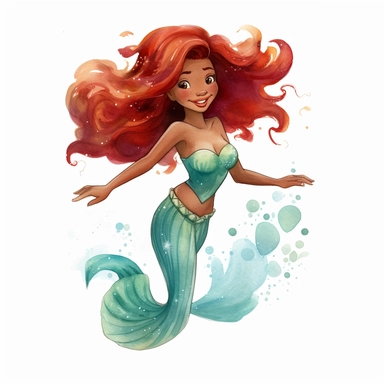 watercolour clipart halle bailey as ariel from the little mermaid, dark skin and red hair, full body with mermaid tail