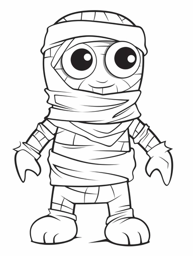 halloween mummy coloring book for kids, cartoon character, clipart, black and white, white background