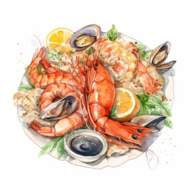 a plate of italian food, seafood, watercolor clipart with white background