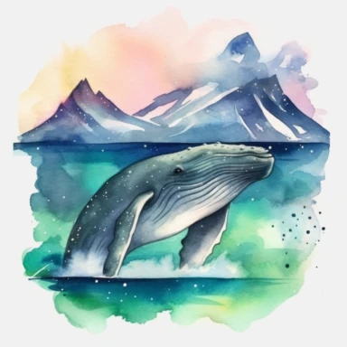 humpback whale in the northern lights landscape, watercolor clipart, 32k