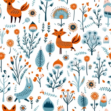 collection of free clipart of creatures, animals and flowers, in the style of light blue and amber, allover composition, joyful celebration of nature, 20th century scandinavian style, forestpunk, feminine sticker art, white background, seamless repeating pattern
