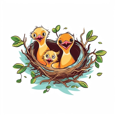 a nest with two baby birds mouths open to be fed on a branch, minimalist background, clipart--q2--v5.1--s1000