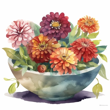 Design a watercolor clipart vignette of zinnia flowers in a colorful ceramic bowl, using the Michelangelo-inspired Watercolor Haven style on a white background. Focus on the rich color palette, intricate details, and the beauty of the zinnia flowers, making it a versatile element for home or garden-themed projects.