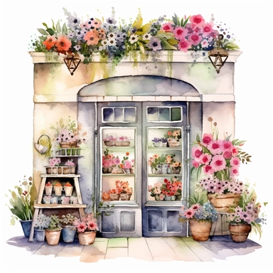 Clipart, watercolor, white background: A flower shop with a window display showcasing unique floral arrangements and artistic bouquets, catching the eye of passersby.
