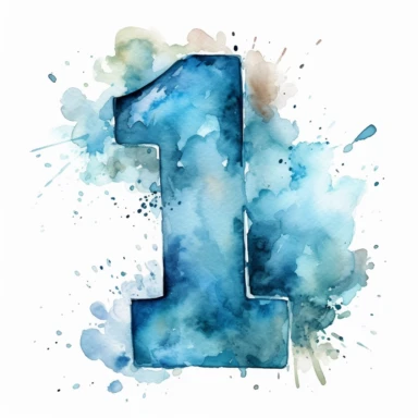 number 1 in baby blue color, thick and chunky font in watercolor style, high quality and sharp clipart, on a white background