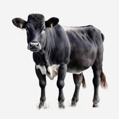 detailed watercolour 4k cute fully black no white cow old adult big cow full body clipart white background