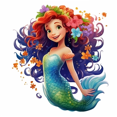 A beautiful smiling mermaid, highly detailed, long hair, beautiful flowers and coral, highly detailed tail, full body image, pixar style, clipart