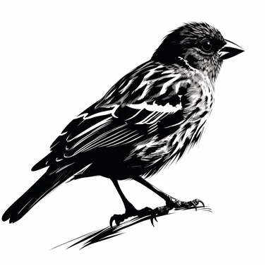 a portrait of a house finch. body facing forward, head looking to the right, and the tail feathers blow a branch it's standing on. black and white silhouette. clipart.
