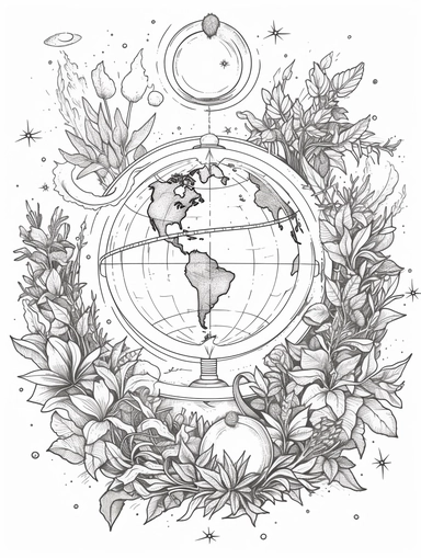 Coloring pages, black and white, linework, clip art, white background. Seedling growing, and space around, stars, planet. Compass and elements.