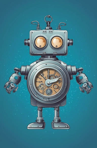 flat vector clipart illustration of a toy robot that has buttons and a clock on it, in the style of dark sky-blue and silver, pop art consumer culture, made of all of the above, flickr, metalworking mastery, strong facial expression, cardboard