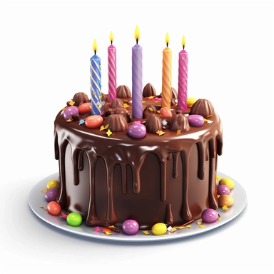 Design a clipart image of a chocolate ganache birthday cake with candles white background. Showcase a rich chocolate cake covered in a velvety ganache frosting, topped with vibrant candles for a celebratory touch.