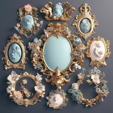 collection of isolated blank cameo broach frame , clipart for digital collage , clipart, clear-cut, Create a baroque, baroque-style . james jean, by rosie sunders, 3D, octane render, clean, super quality, 8k, flat background for easy cutout