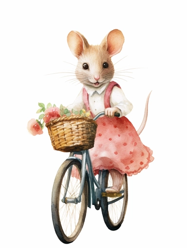 Little pink female Mouse watercolor clipart, riding a vintage bicycle, white background