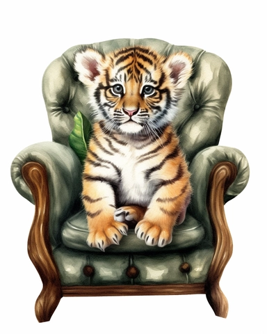 detailed watercolor Baby tiger on a chair , hyper realistic, isolated on a white background, clipart
