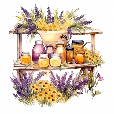 hand drawn honey stand, honey for sale, flowers and grass, shades of yellow and purple, very detailed, very realistic, watercolor, clipart style white background with margins