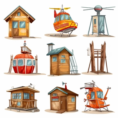 atercolor beach lifesaver and lifeguard huts , illustrations clipart set, simple, , cartoon elements ,different variants , separate elements with a margin, wooden and plastic elements elemets, helicopter, lifesaver boat, jetski ,4k, high resolution
