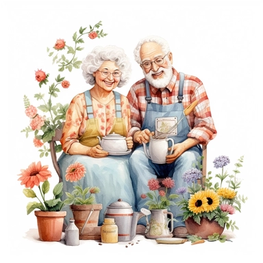 Capture a charming commercial moment with a beautifully detailed, ultra-realistic illustration of a lovables [old couple smiling] half hidden over a pot of nice flowers, backgroundof a nice and floral farm, creating an endearing scene ideal for nursery-style clipart and baby room décor. Isolated on a clean white background, this highly-detailed, award-winning artwork