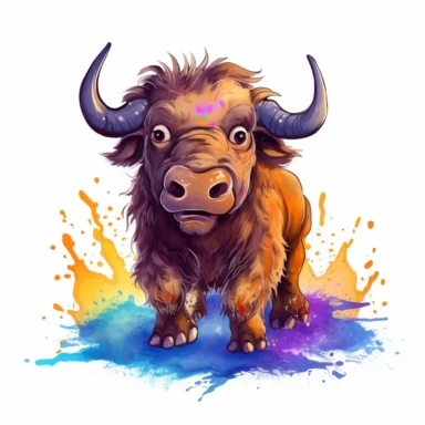 Buffalo, baby, frolicking in the mud, vibrant colors, clipart, on a white background.