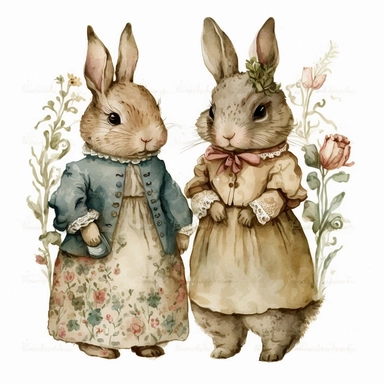 cute bunny rabbit couple wearing clothes from baroque era, standing and holding hands, Sublimation graphics, by Beatrix Potter, Watercolor clipart, single design, print on demand image, PNG transparent background, white background