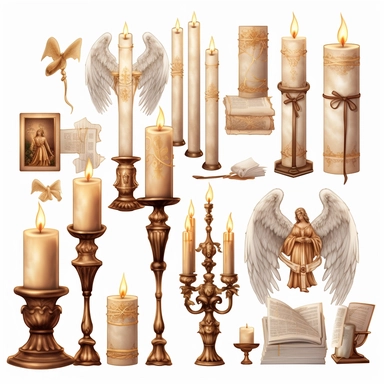 a set of beautiful, highly detailed clip art, clipart, for the bible and bible elements, candle, angels, harps, high quality, stunning lighting effects, no shadows, space around each item, WHITE Background only