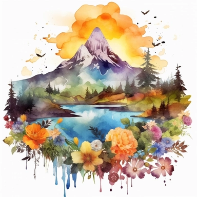 Clipart, watercolor, white background: A fantasy mountain with colorful, luminescent flora and fauna, illuminating the landscape with their radiant beauty.
