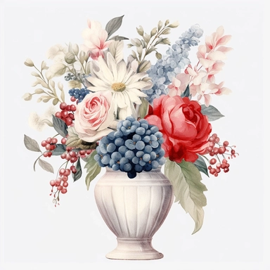 pastel red white blue color vintage wedding floral bouquet in a vase clipart