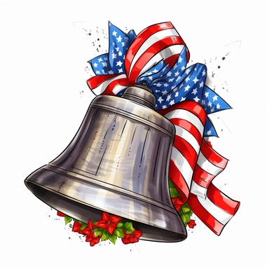 4th of July Patriotic Clip art of patriotic liberty bell, png realistic cartoon in 32K UHD cute, 15 cm thick outline. Black color, 8k with realistic watercolors and detailed illustrations. PNG clipart, transparent white background