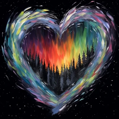 painting of a heart with the northern lights inside of it, in the style of enchanting realms, nature-inspired installations, bloomcore, mesmerizing colorscapes, skillful, fluid and organic, clipart, blank black background