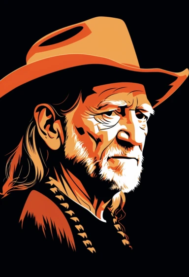 Willie Nelson 3/4 profile view, illustration, manga, cartoon, vintage clipart illustration, vintage comic book, black and white, monochromatic orange, flat color, line drawing,