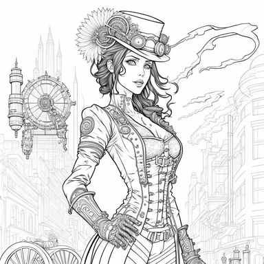 steampunk girl in hat, smile, full body perspective, full body view, proportional hands, five fingers, beautiful hands, steampunk city in the background, league of legend style , black and white, line art, coloring page, printable, thin lines, no details, no shadow, crisp lines, illustration, vector, clipart ar 4:2