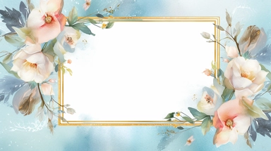 a simple gorgeous aesthetic vintage gold diamond-shape picture frame with minimal flowers border around outside the frame on soft blue background clipart, watercolor painting realistic, high quality, vibrant, Vicente Romero Redondo, Willem van Aelst