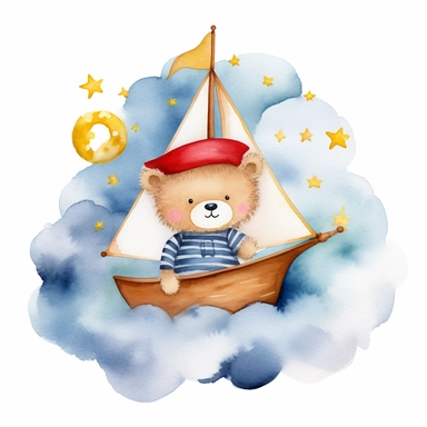 dreamy night sky clouds and a swarm of golden stars. a cute plushie sailor bear in a blue and white striped shirt and a sailor hat and a small red bowtie, in a wooden sailboat with a white sail, sailing on fluffy clouds, not sea. prominent visible brush strokes, watercolour texture, watercolor clipart png on white background
