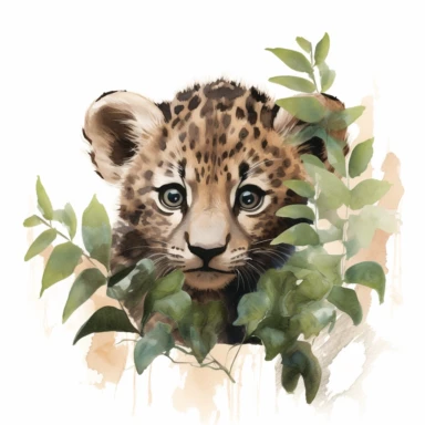 cute leopard cub, peeking out from behind a bush, muted tones, clipart, on a white background