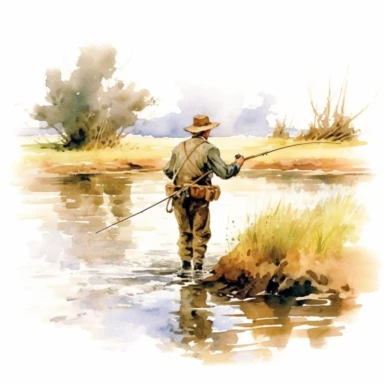 watercolour, man fly fishing in stream, detailed, clipart, white background