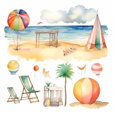summer beach clipart, white bsckground, watercolor,