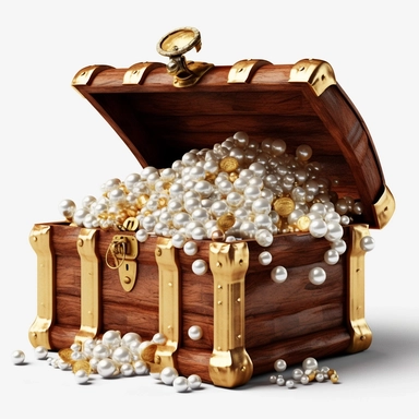 Clipart,A treasure chest overflowing with pearls and gold coins, hyperrealistic, hyper high definition