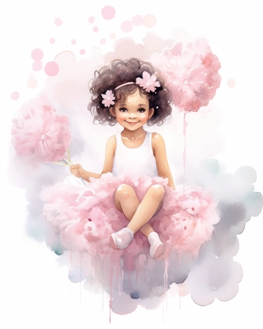 drawing watercolor clipart for a girl nursery of a beautiful brunette ballerina with pink flowers in her hair, sitting on a cloud in her pink ballerina clothes smiling, whilst sprinkling pink flowers. 8k.