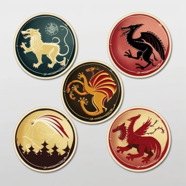 House Sigils - a collection of stickers featuring the sigils of each of the major houses in the show (Stark, Lannister, Targaryen, Game of Thrones, simple, graphics designer, png clipart, in the style of gabriele münter, white background, back button focus, aerial view, animated gifs, stencil - based, texture - based