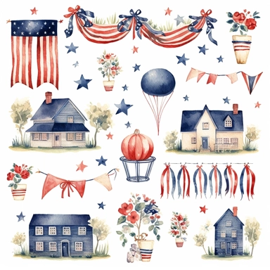 watercolor 4th of july patriotic decorations, illustrations clipart set, simple, , cartoon elements , bunting, ribbon elements, door wreaths, different variants , separate elements with a margin