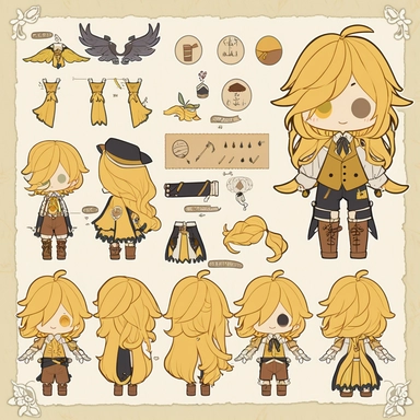 character sheet, knoling, clipart, inventory catalog, cute chibi character, golden wavy long hair, long bangs, yellow-green eyes, flat chest, beautiful young boy, gothic, frill, lace shirt, high West brown shorts, yellow bird, mimosa, yellow jewelry, ribbon