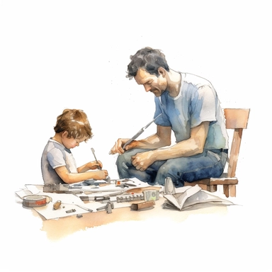 Father and child working on a DIY home improvement project, water color style, clipart, white background