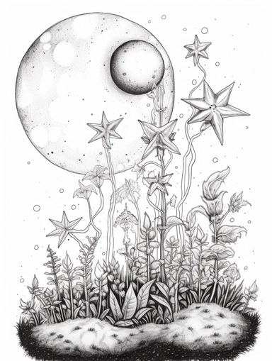 Coloring pages, black and white, linework, clip art, white background. Seedling growing, stars, planet.