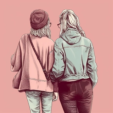 clipart of adult best friends, friends forever, back facing, fashionable, closeup