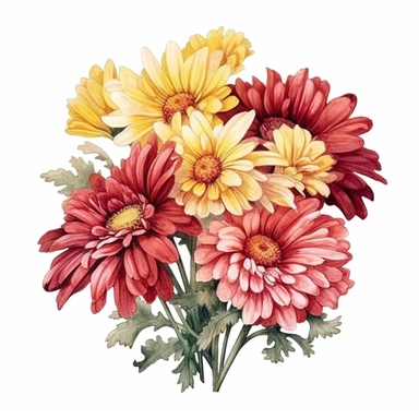 watercolor Chrysanthemum bouquet clipart, red flower, yellow center, white background,clear background, realistic watercolor painting, dreamy and romantic