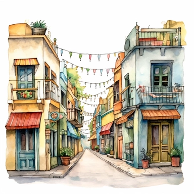 Very cute and Whimsical street of Buenos Aires, the city of color at argentina's capital, in the style of vernacular architecture, mexican folk art influence, danube school, light yellow and dark green, street scene, Watercolored illustration, clipart, white background