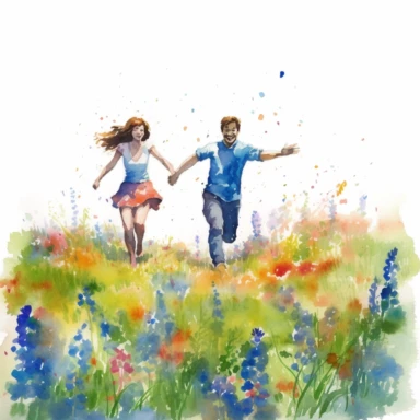 joyful COUPLE, running hand in hand through a field of wildflowers, laughter and pure happiness in their hearts, watercolor, Pixar style, Clipart on a white background