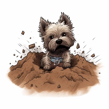 Cairn Terrier, digging in the dirt, Cartoon, Clipart, white background, no text, no caption