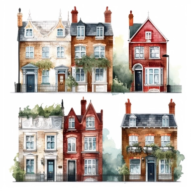 watercolor semi detached london houses , illustrations clipart set, simple, , cartoon elements ,different variants , separate elements with a margin